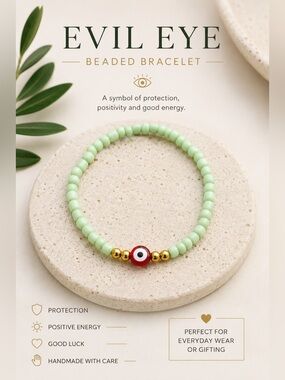 Evil Eye Beaded Bracelet - Light Green with Red Accent #29